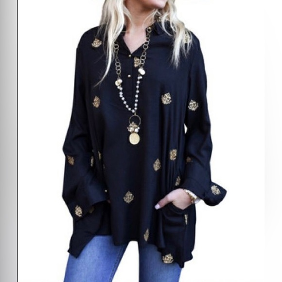 NWT Liza Byrd The Harper Tunic in Black Cotton and Gold Embroidered Crests XXL - Picture 1 of 11